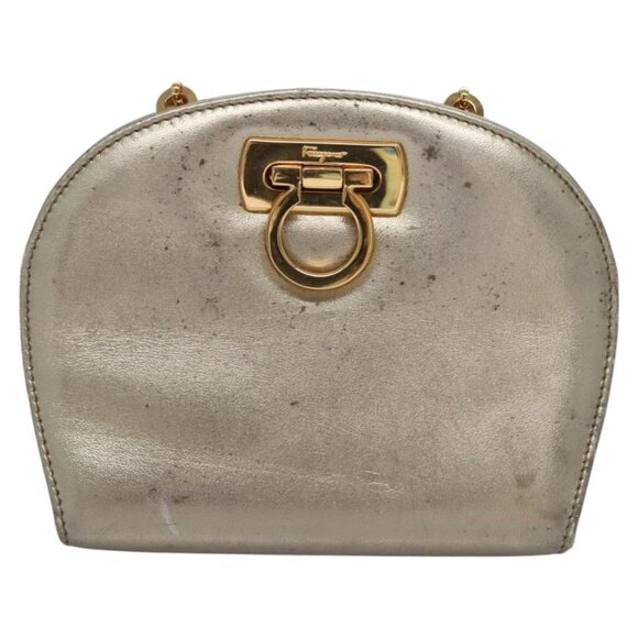 Salvatore Ferragamo Gancini Chain Shoulder Bag Leather Silver Gold Auth BD416 - Picture 11 of 14